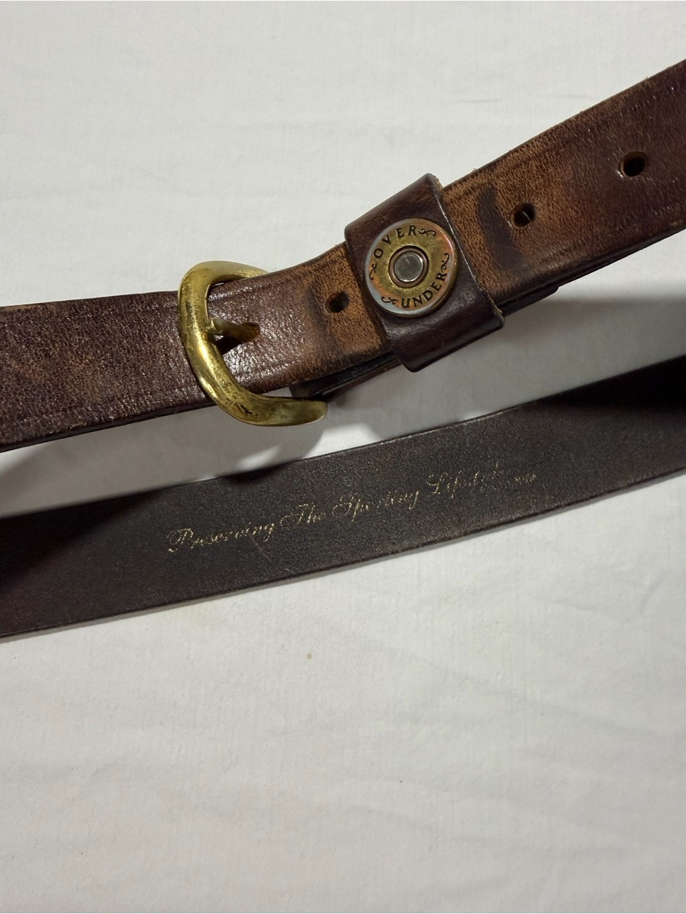 Over Under Brown Leather Belt with Brass “Singlw Shot” Buckle